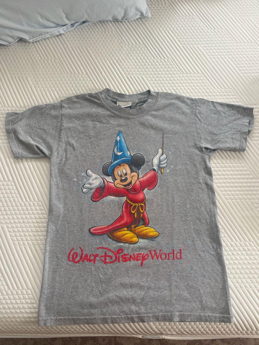 Disney Gray Sorcerer Mickey Graphic Tee with Red, Blue and Yellow Print